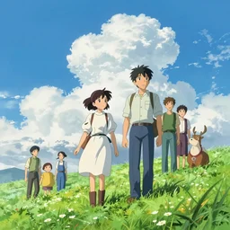 A beautiful ultra detailed matte painting, blue sky, fluffy clouds, bright green grass landscape, wonderful, vivid colors, by thomas kinkade and james gurney, anime key visual, makoto shinkai, ilya kuvshinov, lois van baarle, rossdraws, detailed, trending on artstation
