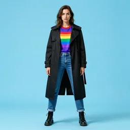 female humanoid godzilla dressed in a black trench coat, rainbow t - shirt, and jeans, saturated, electric colors, light blue foreground, high contrast, 3 2 k, ultra - hd, super - resolution, angry, good, divine, powerful, massive scale, glow - in - the - dark, uranium