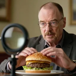 walter white observing a hamburger with lens focusing, hd 4 k photo