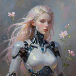 photo realism portrait of beautiful cyborg female in cyborg clothes,, cyberpunk, romantisism, outrun, pastel flowers, painting, dramatic, detailed, by android jones, artgerm
