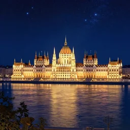a view from the river of budapest or paris at night with the sky full of stars, intricate, elegant, highly detailed, digital painting, artstation, concept art, smooth, sharp focus, colored illustration for tattoo, art by krenz cushart and artem demura and alphonse mucha,
