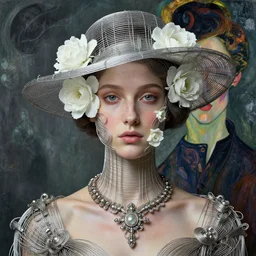 a beautiful Futuristic portrait with hat made by wires and white flowers twisted around her face ,necklace made by wires ,design by Leonardo DaVinci , inspired by egon schiele ,modern art,baroque art jewelry , new classic,hyper realistic,cinematic composition,cinematic lighting,fashion design, concept art, hdri, 4k-