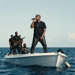kanye west performing a live concert on a small boat in the middle of the ocean