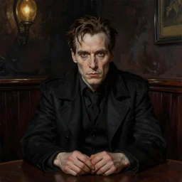 gothic matte painting character illustration of john constantine sitting down at a table in a shadowed corner of the room at a dive bar in london, digital painting, illustration, constantine, john singer sargent, amazing values, 8 k, gothic, realistic face details, symmetrical face details, realistically rendered face, photorealistic eyes, moody lighting, dive bar lighting, octane render, j. c. leyendecker