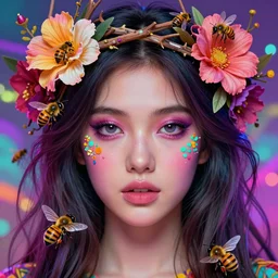 beautiful, young woman, detailed gorgeous face, vaporwave aesthetic, synthwave, colorful, psychedelic, artstation, concept art, smooth, extremely sharp detail, thorn crown, flowers, bees, finely tuned detail, ultra high definition, 8 k, unreal engine 5, ultra sharp focus, illustration, art by artgerm, greg rutkowski and alphonse mucha