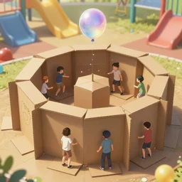 cardboard fort of a waterballoon fight in a playground, light dust, magnificent, close up, details, sharp focus, elegant, highly detailed, illustration, by Jordan Grimmer and greg rutkowski and PiNe(パイネ) and 薯子Imoko and 香川悠作 and wlop and maya takamura, intricate, beautiful, Trending artstation, pixiv, digital Art