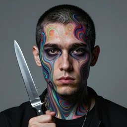 realistic portrait of a psycho with a knife, psychedelic, dark art, facing camera, photo realistic, detailed, 1 4 5 0, delicate, hyper realism, ultra realistic, 8 k