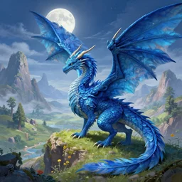 Blue feathered Dragon with wings on a beautiful fantasy landscape, hills, mountains, moonlit, HD, illustration, epic, D&D, fantasy, intricate, elegant, highly detailed, digital painting, artstation, concept art, smooth, sharp focus, illustration, art by artgerm and greg rutkowski and alphonse mucha