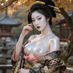 glamorous and sexy Geisha portrait, beautiful pale makeup, pearlescent skin, curvy, elegant pose, very detailed face, highly detailed kimono, photorealism, sharp focus, soft diffuse autumn lights, some sunlight ray, zen temple and smoky background, masterpiece painted by Leonardo da vinci and moebius and Sandro botticelli