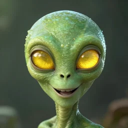 portrait of a happy alien with large glowing yellow eyes and green skin, hyperrealistic, shallow depth of field, dramatic lighting