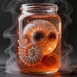 3 d ocular globe in a jar full of sem - transparent orange / red liquid midsommar style, victorian style, intricate, elegant!! surrounded by smoke and water energy flow. translucent nautilus, highly detailed. octane render, excellent composition, by wlop, tooth wu, greg rutkowski, beeple
