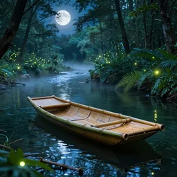 A beautiful bamboo boat floating in the forest river, vibrant bright cyberpunk color scheme, hyperdetailed twigs and plants, moonlit nightscape, bioluminiscent fireflies, layered fog, moody lighting, photorealistic digital arts, sharp, well focused, artstation HD, 8K