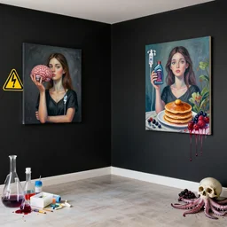 an empty apartment with black walls and a portrait of a female art student holding a brain, iv drip, motor oil, organic, femme, high voltage warning sign, pancakes, berries, octopus, surgical supplies, skull, scientific glassware, art materials, candle dripping wax, berry juice drips, neo - expressionism, surrealism, acrylic and spray paint and oilstick on canvas