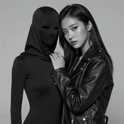 Hot young woman, grey skin, wearing leather jacket while cuddling a humanoid in shroud and mask concept art
