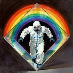 portrait of a scientist in a hazmat suit entering the rainbow geometric prism dimensional gateway by frank frazetta