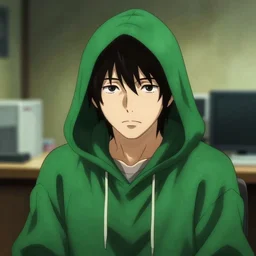portrait of programmer with green hood by junji ito