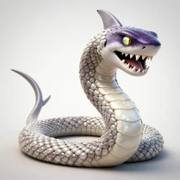 Pearl white mechanical serpent shark character design sheet, Monster Hunter Illustrations art book, sharp teeth, dark amethyst gradient on its face, long and sharp tail, bright shining eyes, Moebius, Greg Rutkowski, Zabrocki, Karlkka, Jayison Devadas, Phuoc Quan, trending on Artstation, 8K, ultra wide angle, zenith view, pincushion lens effect.