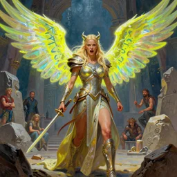 A mixed media painting of the beautiful blonde viking goddess of war with neon-yellow-holographic futuristic wings, very aesthetic, detailed face, by Frank Frazetta, Greg Rutkowski, Boris Vallejo, Beeple, Christian MacNevin, epic fantasy character art, goddess of anger, viking runes, high fantasy, CGsociety, full length, exquisite detail, post-processing, low angle, masterpiece, cinematic, odin's stone arena background