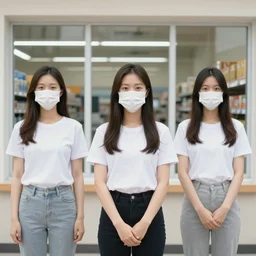 people in masks standing in front of windows, hb, photo hypermarket of realistic girls