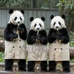 3 pandas in a trenchcoat