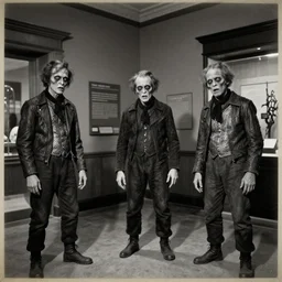 creepy mutants in a old museum, black and white, old photo