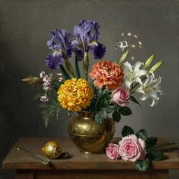 painting, Dutch style, old masters, Jan Davidszoon de Heem, still life with flowers, iris, marigold, rose, lilies, by Rembrandt