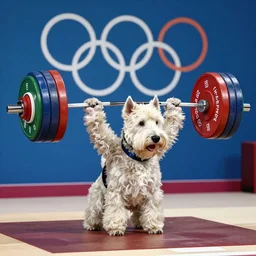 a photo of an anthropomorphic anthropomorphic westie weight lifting weightlifting barbell up in olympic, 4 k