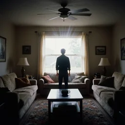 backlit photograph of monolith radiating past trauma energy into 2 0 0 1 suburban living room, single silhouette figure, crisp focus, 3 5 mm ektachrome