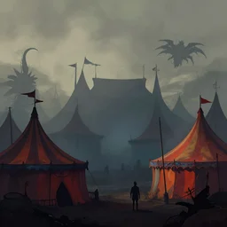 beautiful matte painting silhouette of dark colorfull evil circus tents and carnival, foggy sky, Moebius, frank frazetta, james gurney, thomas kinkade, rodney mathews, beeple, trending on artstation