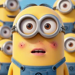 portrait, minions, Trypophobia acne face, realistic, HD 4k, big holes, pits in the style of Angus McBean