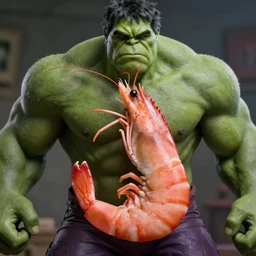 cinematic portrait of jacques the pink shrimp crustacean mixed with the incredible hulk, ultra realistic digital artwork, head and shoulders, dramatic lighting, 8 k