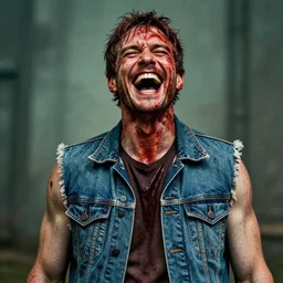 a maniac covered in blood laughing manically. he is wearing a denim vest. in the style of of true detective. art by tomasz alen kopera and glenn fabry.