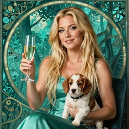 blonde gwen stefani with glass of champagne in her hand and a spaniel puppy on her lap. teal. art by mucha