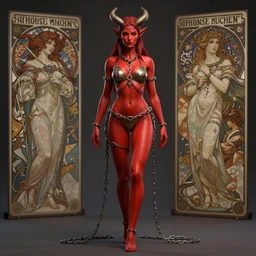 full length complex 3 d hyper realistic smooth ultra sharp render of a gorgeous!! chained red skinned demoness viking warrior bikini | medieval fantasy, dark fantasy, d & d | high detail, 4 k, hd, symmetrical, proportional, cinematic, epic scene | art by oh jinwook + 吵 集 仁 儿 on artstaion + takeshi obata + alphonse mucha + jim lee