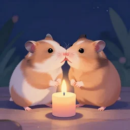 photo of a hamsters on a date, kissing, at night, romantic, faded colors, candlelit restaurant table, cinematic color grading, various poses, soft light, well framed, sharp focus, 8 k