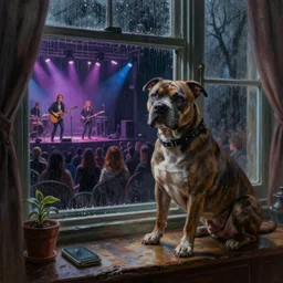 a photorealistic highly detailed painting of pitbullat a concert in hell next to a cozy rainy window by johfra bosschart, lisa frank, kinkade, visionary art, dark fantasy art, high detail, trending on artstation