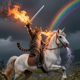 photo of a cat breathing fire and holding a sword above its head while riding a unicorn. the unicorn is vomiting rainbows.