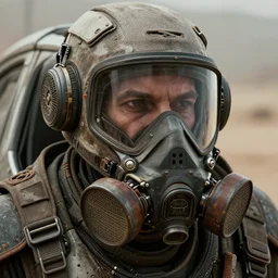 retrofuturistic car of a wasteland scavenger, respirator on bottom half of face, close up, quint buchholz, wlop, dan mumford, artgerm, liam brazier, peter mohrbacher, raw, featured on artstation, octane render, cinematic, rugged, intricate, 8 k