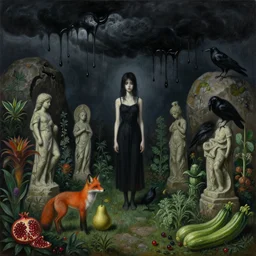 realistic painting of black dripping oily sky, a witches garden, tall emo girl, stone sculptures, a fox, a pear, dark clouds raining black ink, boulders, caves, pomegranate, bromeliads, herbs, raven, courgettes, berries, zen, sensual, surrealist painting by magritte and monet and rousseau