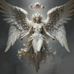 a highly detailed illustration of lovecraftian divine angel with hundreds of eyes, horrifying floating looking down pose, intricate, elegant, highly detailed, centered, digital painting, artstation, concept art, smooth, sharp focus, league of legends concept art, wlop.