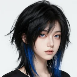 a pale emo girl with medium messy black hair, a blue streak, soft facial features, bangs over an eye, 2 0 0 8, myspace photo