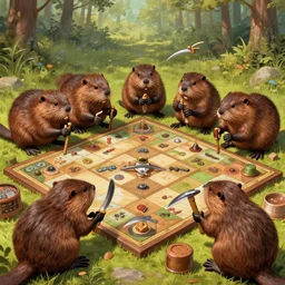 beavers playing scythe boardgame in the style of frederique basile