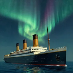 painting of the aurora lights above the titanic