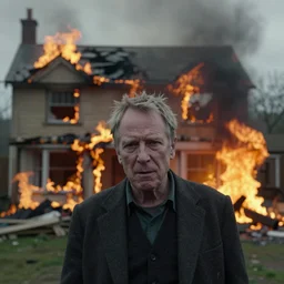 a photo of a house burning down in the background and patrick stewart with an eerie expression in the foreground, strong depth of field