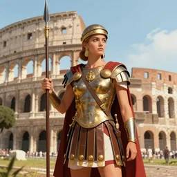A female Roman soldier, holding a spear, in the Coliseum, digital art