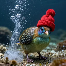 underwater shot of a kiwi bird in a red wooly hat trying to catch slime, bubbles, 8k, detailed