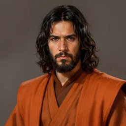portrait of a man by greg rutkowski, jedi master, arabian features, messy long black hair, beard, wearing orange jedi robes, star wars expanded universe, he is about 6 0 years old, highly detailed portrait, digital painting, artstation, concept art, smooth, sharp foccus ilustration, artstation hq