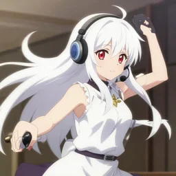 anime film still of a long white haired red eyed cute girl wearing a headset, dynamic pose, kuvshinov ilya, shirabii