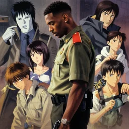 young busta rhymes!! wearing uniform, holding pistol at side, side view, looking down | | audrey plaza, fine detail!! anime!! realistic shaded lighting!! poster by ilya kuvshinov katsuhiro otomo ghost - in - the - shell, magali villeneuve, artgerm, jeremy lipkin and michael garmash and rob rey