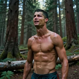 cristiano ronaldo lost in the Tahoe forest and caught on trail cam, bare shirt, flip-flop, sweating profusely, sacred, crying